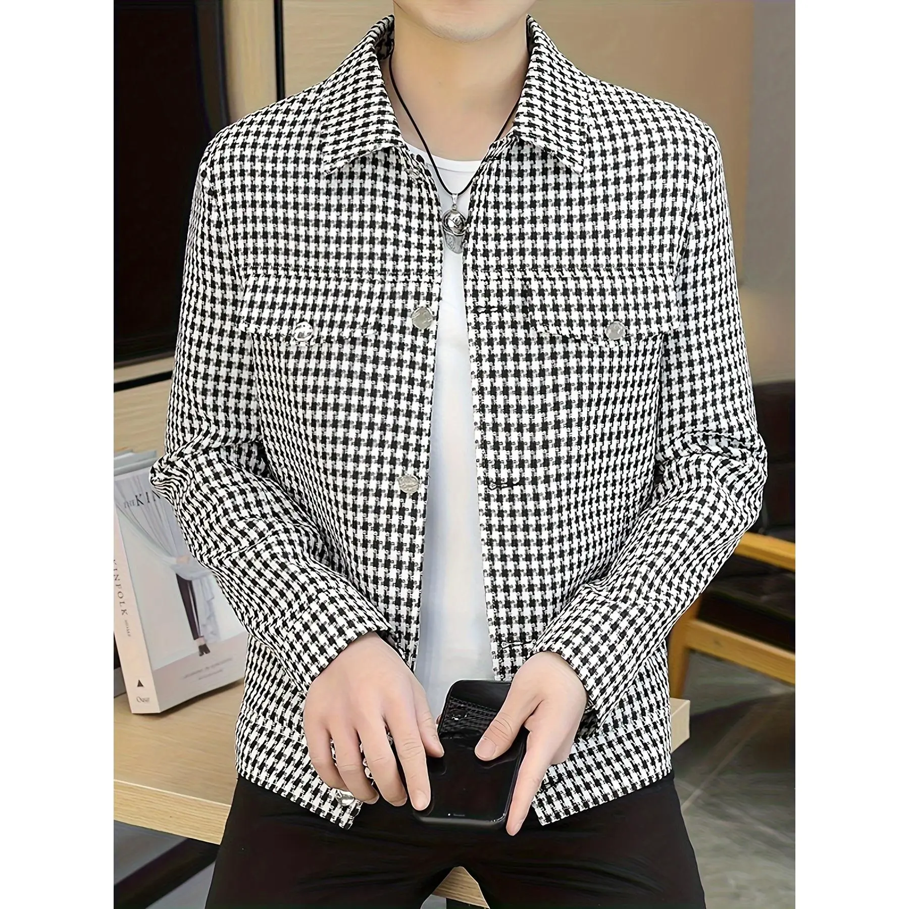 Long Sleeve Men's Casual Plaid Houndstooth Jacket - Woven Polyester, Button Front, Regular Fit, Spring/Fall Fashion Outerwear for Everyday Wear