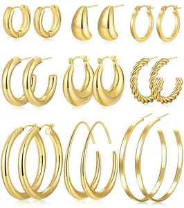 9 Pairs Chunky Gold Hoop Earrings Set for Women, 14K Gold Plated Lightweight Hypoallergenic Thick Open Hoop Earrings for Gift
