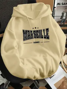 Autumn & Winter Fleece-Lined Hooded Sweatshirt, MARSEILLE Print, Suitable for Daily Wear & Outdoor Sports, Kangaroo Pocket, Soft Fabric, Comfortable & Durable, Minimalist & Fashionable, Men's Casual Pullover