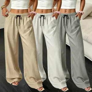 Women’s linen wide-leg pants, loose fit with elastic waistband; summer long pants, casual elastic-waist loungewear pants; suitable for all seasons; solid color design; everyday wear; well-fitting silhouette; bottoms; suitable for 2026 back-to-school outfi