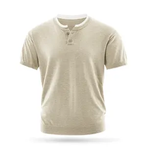 Men's Henley Short Sleeve Soft Knit T Shirt Solid Heather Gray Contrast Trim Casual Vintage Daily Wear Top
