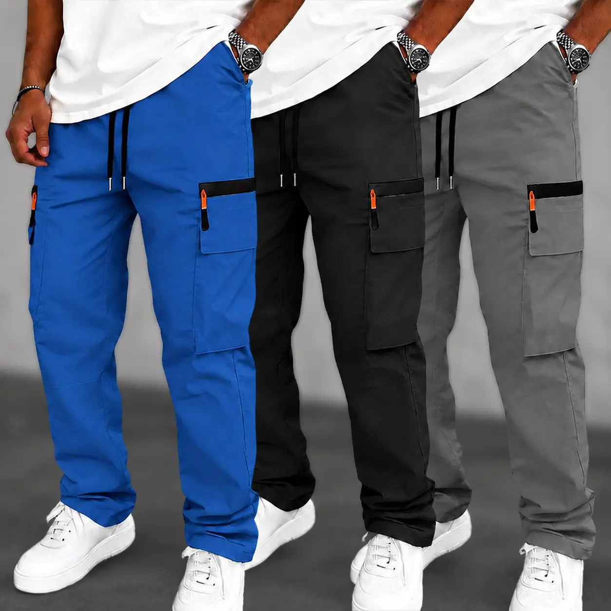 3-piece men's lightweight and comfortable straight-leg work pants in multiple colors. With drawstring waist and loose fit. Ideal for casual streetwear, summer outdoor outfits.
