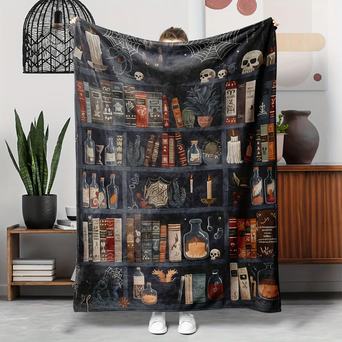 1pc Cozy Printed Flannel Throw Blanket - Vintage Gothic Halloween Magic Bookshelf, Skull, Black Cat, Spider Web Patterns, Decorative Blankets for Bed, Sofa, House Decor, Travel-Ready Cozy