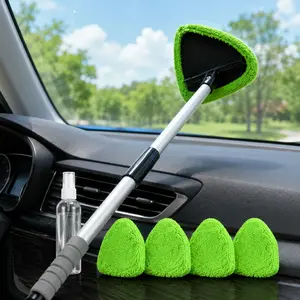 Auto Glass Wiper Brush Kit, Extendable Handle Windshield Cleaner Tool, Car Interior Exterior Window Cleaner with 4 Reusable Microfiber Pads for Home Use