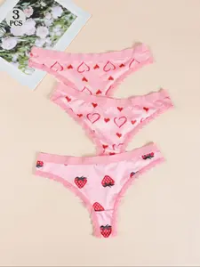 Women's Heart & Strawberry Print Contrast Lace Trim Cute Panty, Breathable Comfortable Knicker for Daily Wear, Women's Underwear for All Seasons