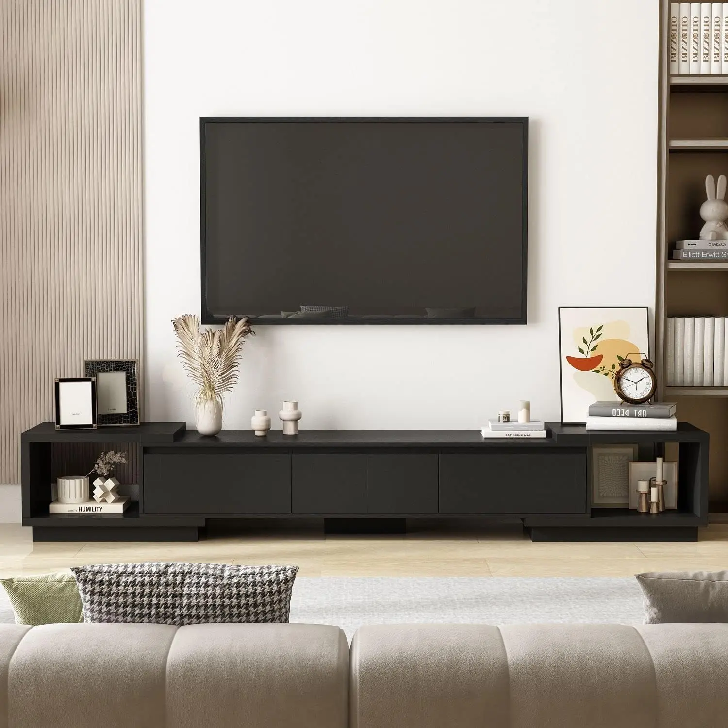 FUFU&GAGA Extendable TV Console Table Modern TV Cabinet with Drawers, Contemporary Media Storage Console Table for Living Room Black (65.4-106.3”W x 15.7”D x 15.4”H)