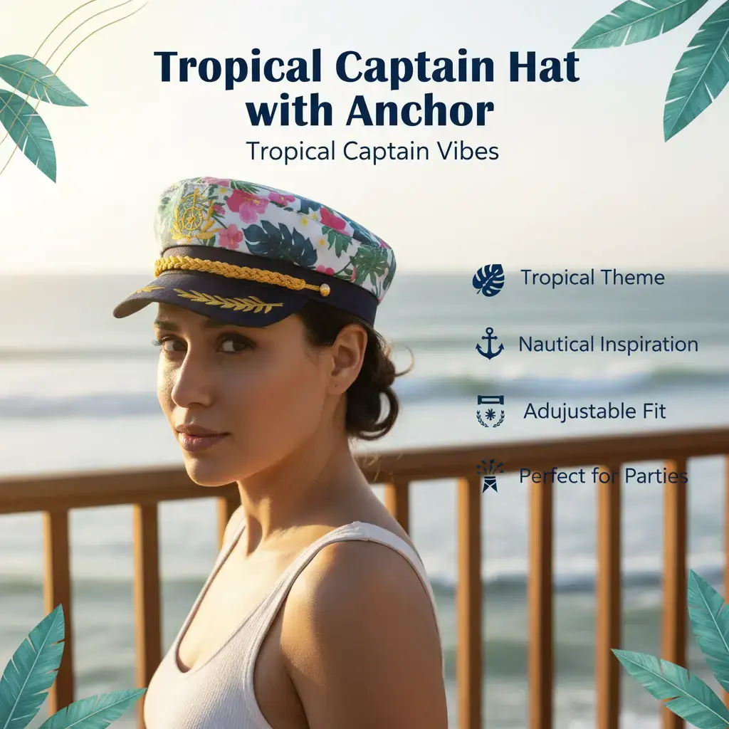 Men's-Women's Tropical Hawaiian Captain Hat with Anchor - Yacht Rock Boat Party Accessory for Adult Nautical Luau Tiki Events
