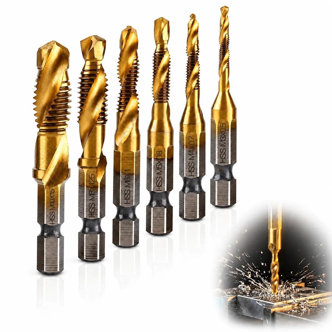 High Hardness Titanium Coated Drill Tap Set - Hex Shank, M3-M10 Complete Size Set, Heavy-Duty Labor-Saving Power Tool Kit for Metal, DIY Users, M3-M10 Set