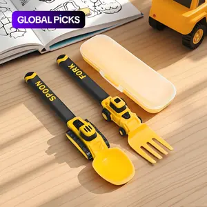 Construction Vehicle Kids Utensil Set, Durable Tableware, 3-Piece Feeding Set with Spoon, Fork & Storage Case, Soft Grip, Dishwasher Safe, Perfect for Travel & Home #GLOBAL PICKS