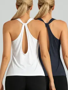 2 Pack Women's Athletic Tank Tops, Crew Neck Open Back Stylish Sleeveless Tops, Moisture Wicking Breathable Layering Shirts for Spring Summer Gym Yoga Running