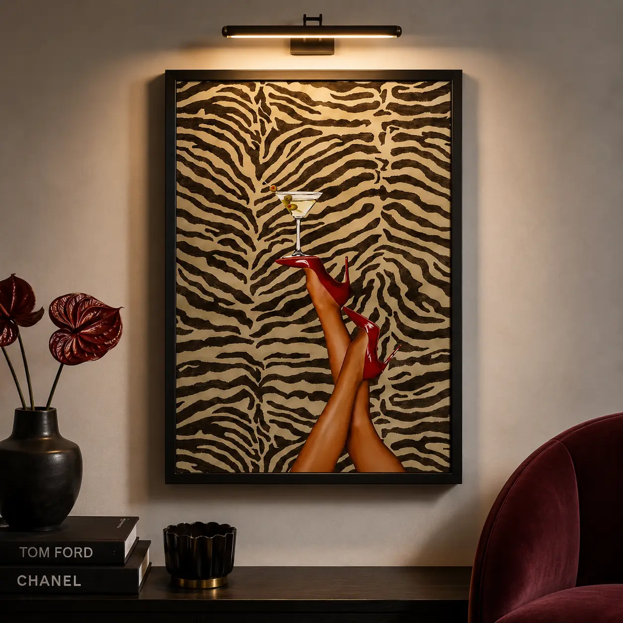 Glam Zebra Fashion Canvas Wall Art, Red High Heel Martini Cocktail Poster, Luxury Chic Room Decor for Bedroom, Dressing Room, Bar & Home