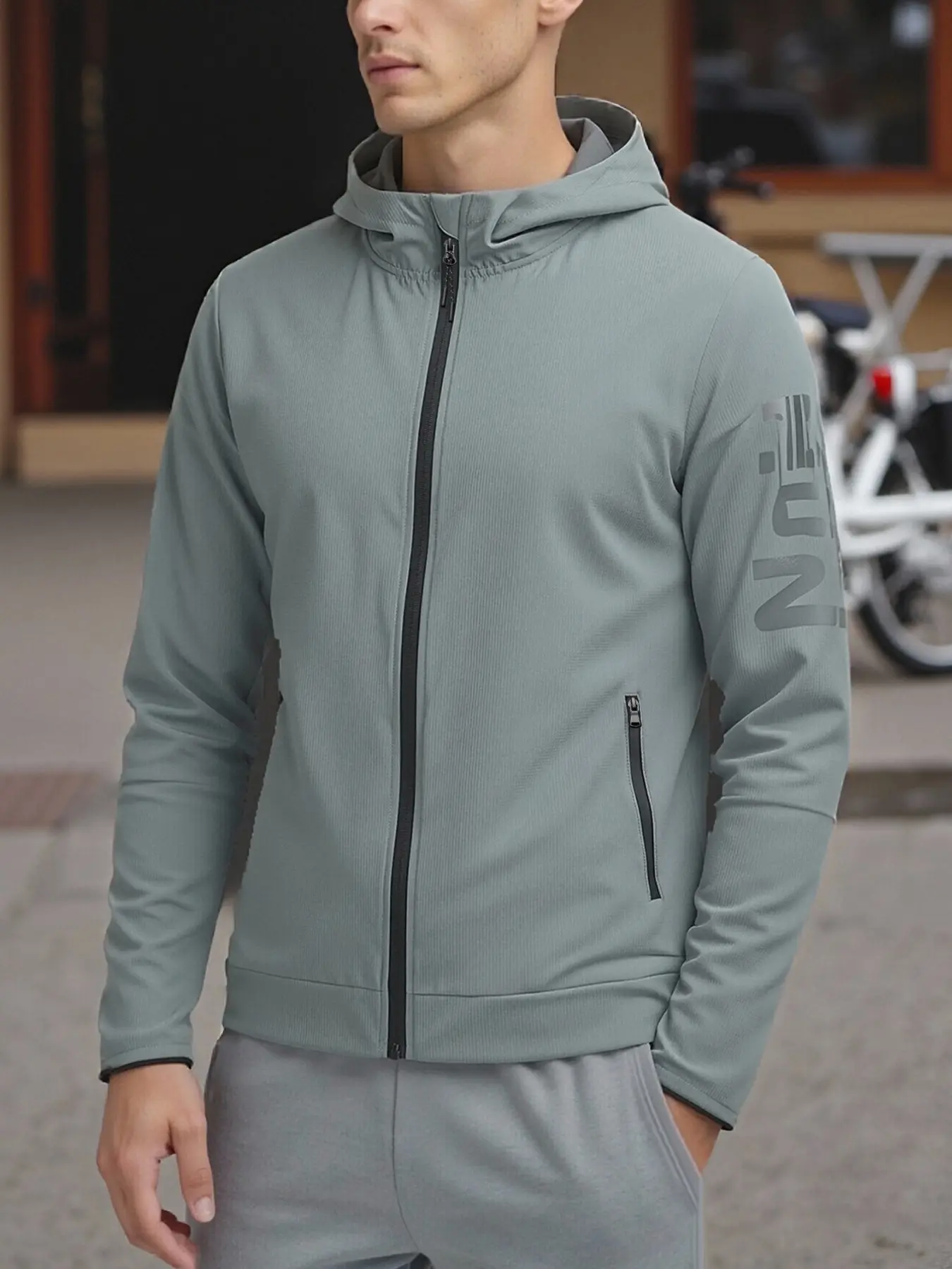 Men's Spring Summer Hooded Thin Jacket, Fashionable English Print, Lightweight Breathable Elastic, Comfortable Casual Outdoor Sportswear