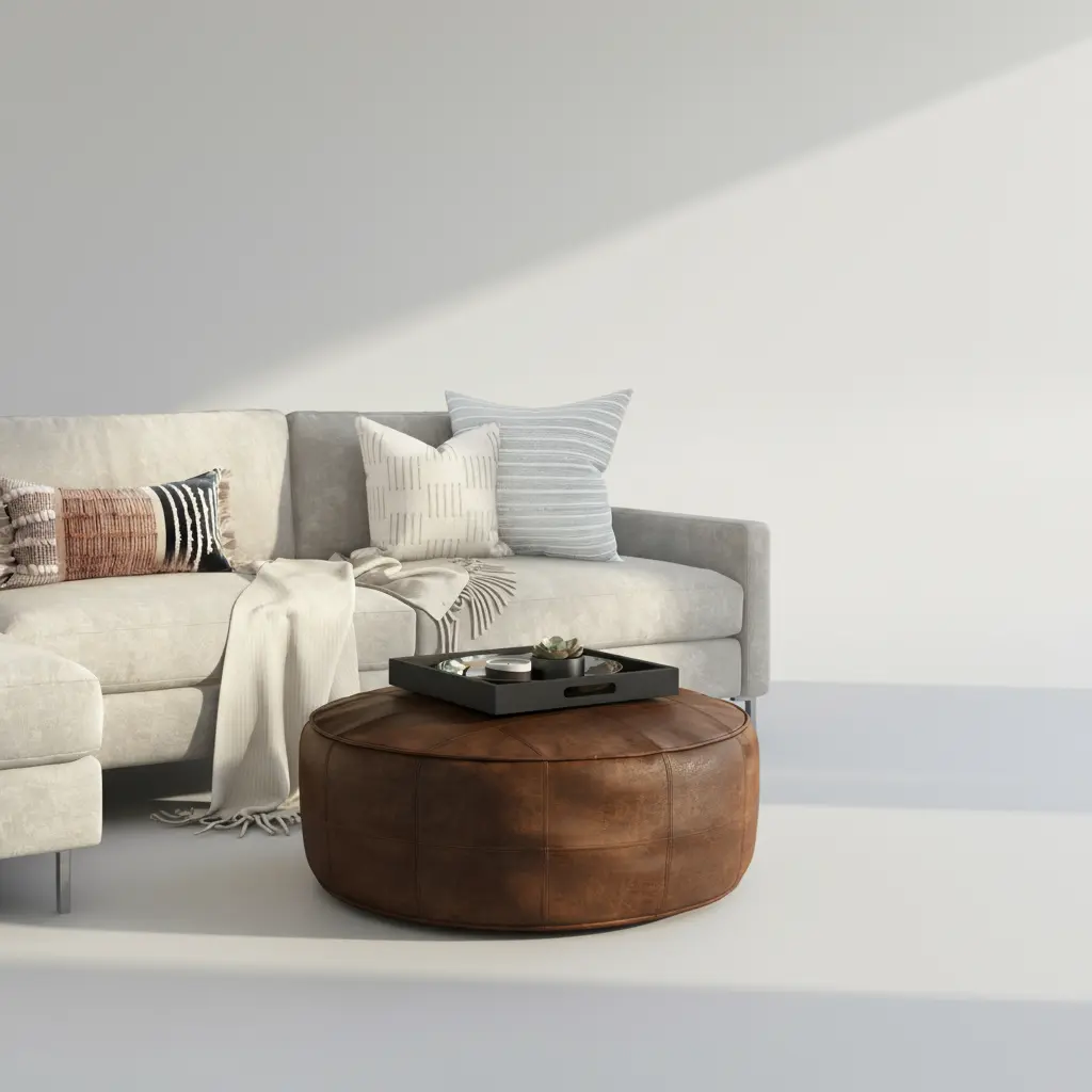 Simpli Home The Connor Coffee Pouf - Premium Leather Distressed Brown Round Ottoman for Living Room & Family Room - 34x34x14 Inches