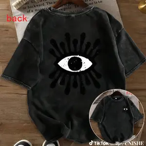 Comfortable Couple’s Vintage Washed Tee with Eye Graphic and Drip Details, Round Neck