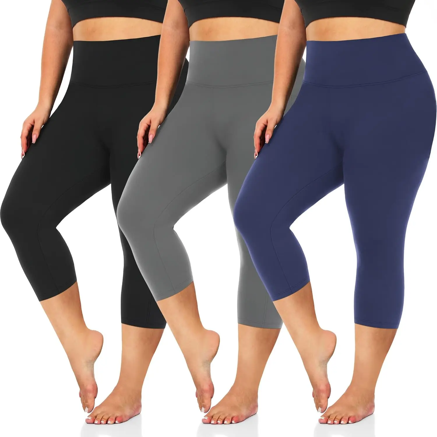 Women's Plus Size Capri Leggings 3-Pack - High Waist Tummy Control, 4-Way Stretch Shaping Compression Leggings, Black Fitness Training Pant, Gym Sportswear Bottoms for Workout