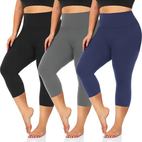 Women's Plus Size 3-Pack High Waisted Compression Leggings - Spandex Polyester Blend, Abdominal Control, Body Shaping, Body-Hugging Fitted, High Waisted Athletic Workout Bottoms, Yoga Support Gym Wear