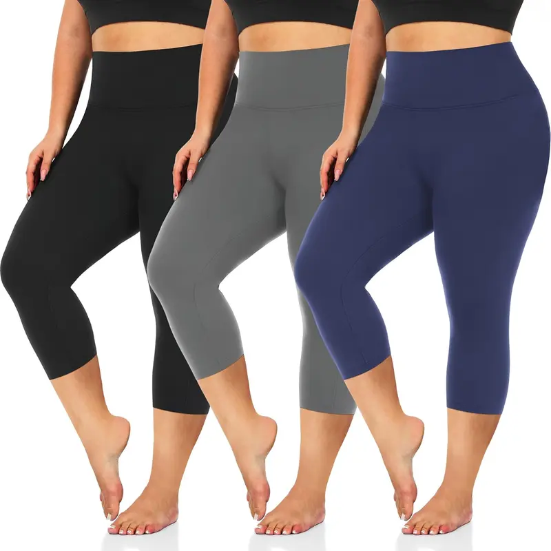 Women's Plus Size 3-Pack High Waisted Compression Leggings - Spandex Polyester Blend, Abdominal Control, Body Shaping, Body-Hugging Fitted, High Waisted Athletic Workout Bottoms, Yoga Support Gym Wear