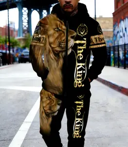 Set "Lion" Men's Printed Casual Hooded Zip Long Sleeve Sweatshirt and Sweatpants Set, Fall/Winter, Sportswear Set