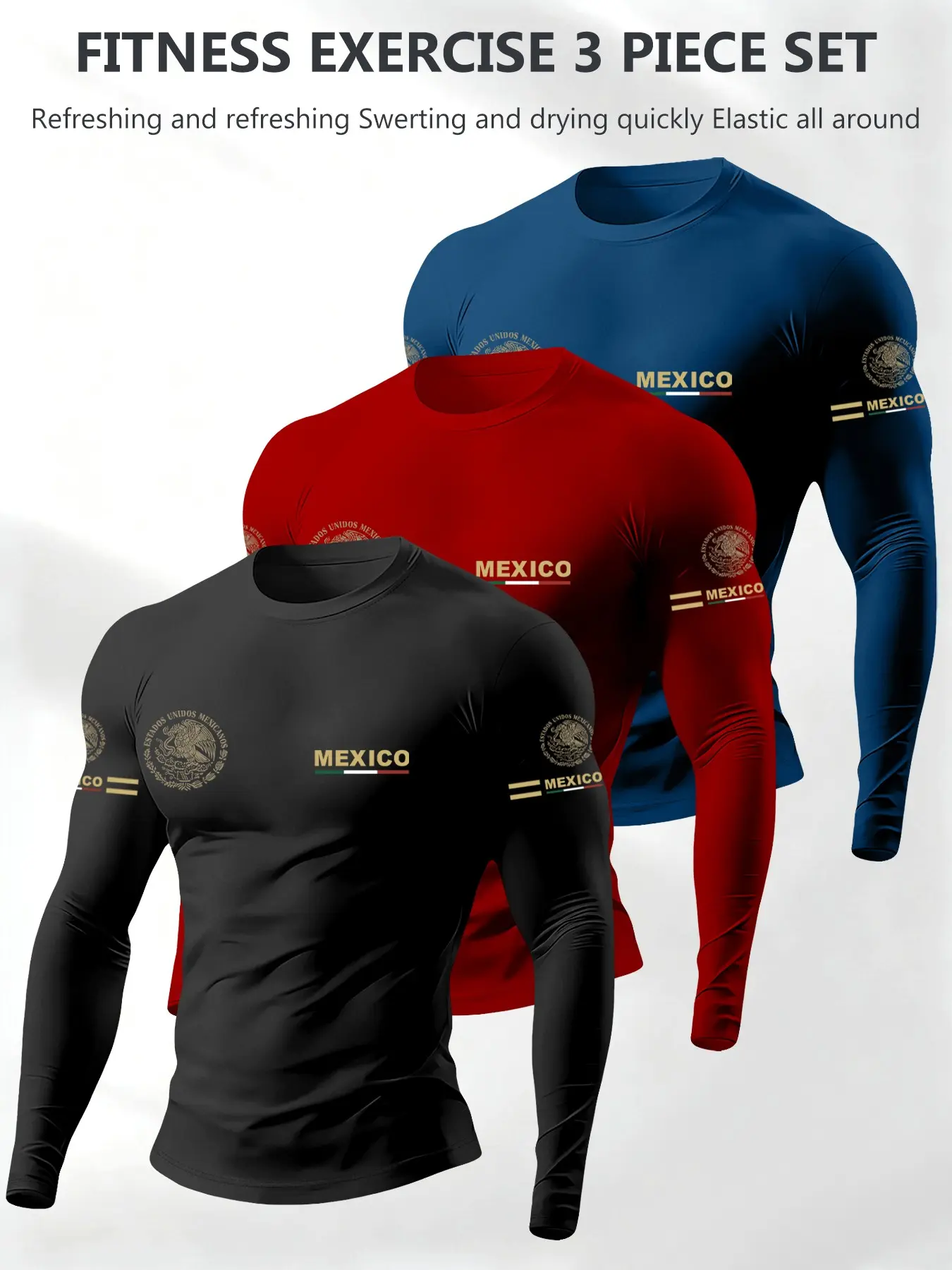 Men's 3-Piece Regular Fit Round Neck Long Sleeve T-Shirt Set, Classic Mexican Emblem Totem Letter Print Cultural, Casual Fashion Style, Comfortable Daily Wear, Soft