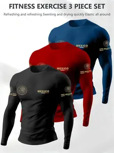 Men's 3-Piece Regular Fit Round Neck Long Sleeve T-Shirt Set, Classic Mexican Emblem Totem Letter Print Cultural, Casual Fashion Style, Comfortable Daily Wear, Soft