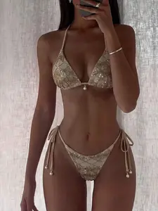 ROSY x Swim Basics 2pcs Glitter Textured Fabric Pearl Decor Halter Triangle Top And Side Tie Bottoms Sexy Bikini Set, Spring/Summer Beach Vacation Boho Bikini Set Beaded Bikini Crochet Bikini Set Brown Bikini Set Gold Bikini Set Women Two Piece S
