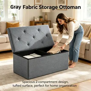 Heavy-Duty Multi-Functional Folding Storage Ottoman Storage Bench with Cushion |   Indoor & Outdoor Dual Use, Space-Saving Design, Water-Resistant & Easy-to-Clean Surface - Ideal for Living Room, Bedroom, Patio, Garden Tool Storage - Grey Storage Bench