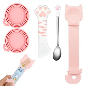 5PCS Cat Food Can Covers Lids Set, Silicone Pet Food Can Lids with Multi-Function Cat Food Spoon and Opener, Cat Bar Squeezer, Stainless Steel Wet Food Spoon for Cats and Dogs (Pink)