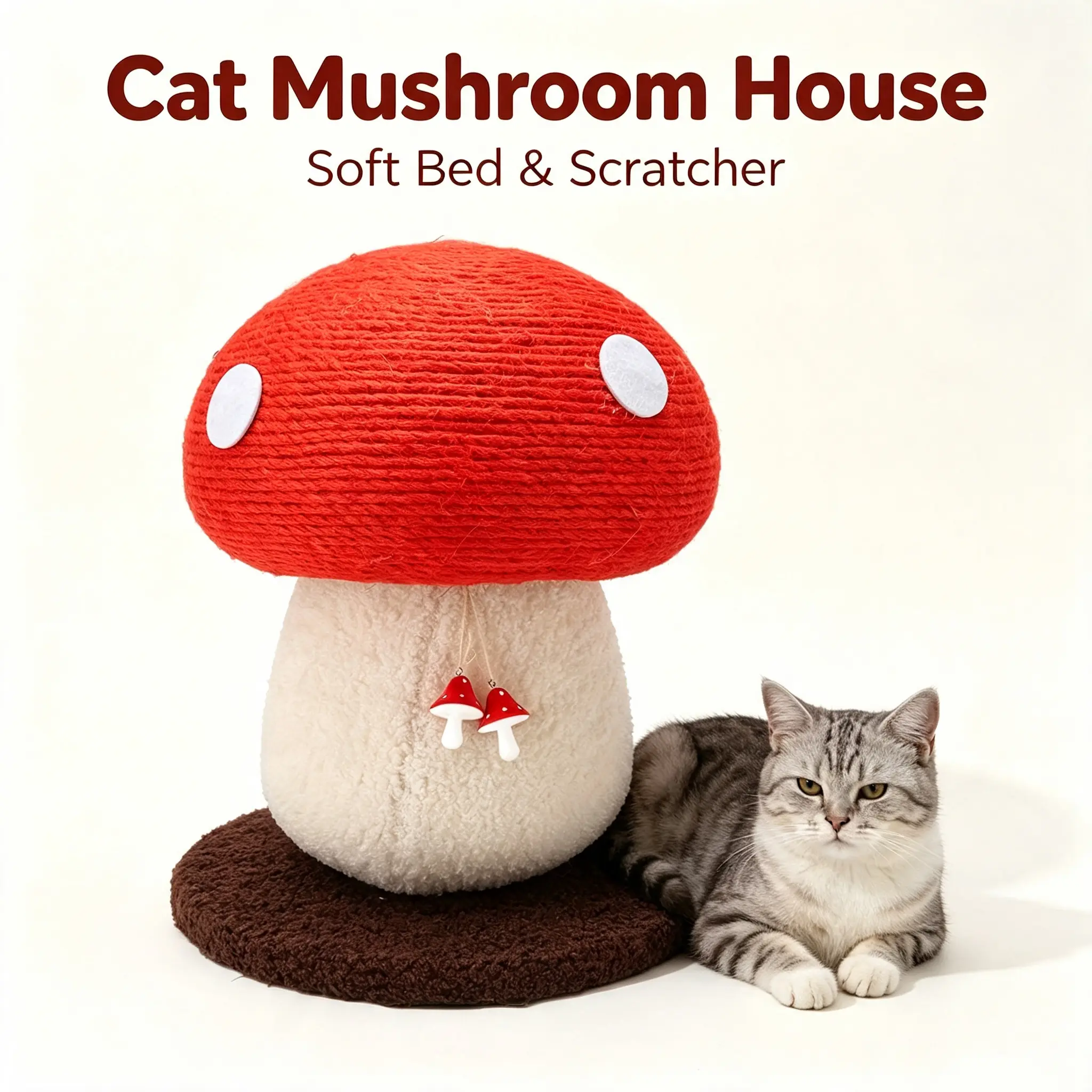 Cute Mushroom Cat Scratching Post - Durable Sisal, Relieve Cat Stress, Protect Furniture with Hanging Toy for Indoor All Cats