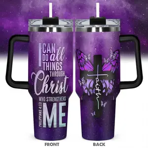 Christian Tumbler 40oz With Bible Verse Philippians 4:13, I Can Do All Things Through Christ Faith Mug, Purple Galaxy Cross Design, Inspirational Religious Gift For Women & Men, Spiritual Coffee Cup Stainless With Handle, Leakproof Travel Flasks