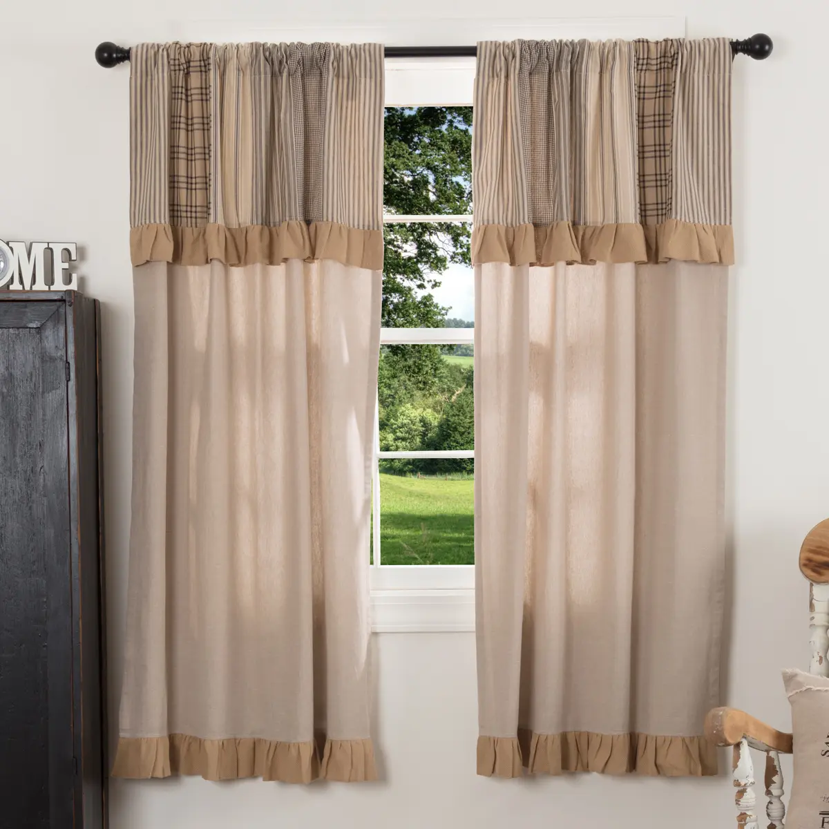 Farmstead Charcoal Patchwork Curtain Panels, 100% Cotton Plaid Stripes Short Window Hanging for Small Windows, 100 Percent Cotton