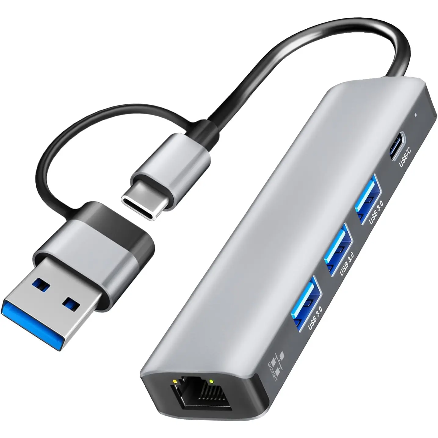 USB C USB 3.0 to Ethernet Adapter, 5 in 2 Gigabit USB Ethernet Hub for Laptop with 4-Port USB-A 3.0 and USBC, 1000Mbps RJ45 LAN Network Adapter Compatible with MacBook/iPad Pro/Phone/Tablet