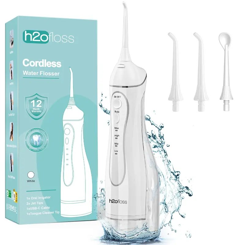 h2ofloss Water Dental Flosser Teeth Pick: Portable Cordless Oral Irrigator 300ML Rechargeable Travel Irrigation Cleaner IPX7 Waterproof Electric Flossing Machine for Teeth Cleaning C102W