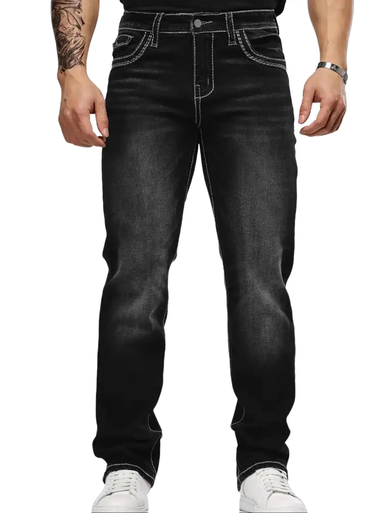 Men’s washed multi-color V-shaped embroidered contrast-stitch straight stretch jeans; Western cowboy retro slim straight street-style casual high-stretch denim pants; distressed slim-fit jeans; premium denim fabric; stretchy, breathable, slimming cut; all