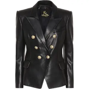 Genuine Lambskin Leather Black Women’s Single Button Blazer with Full Sleeves Suit Style for Office Wear