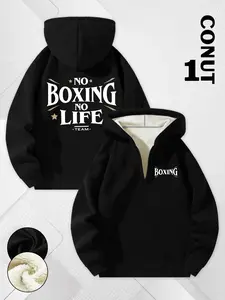 Men's Half Zip Fitted Graphic Boxing Hoodie with Sherpa Lining, Oversized Streetwear Fleece Hooded Sweatshirt, Winter Warm Sports & Casual Outwear for Boxing Enthusiasts