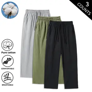 3-Pack Men’s Cotton Linen Pants – Casual Loose Wide-Leg Drawstring Pants, Breathable Summer Pants