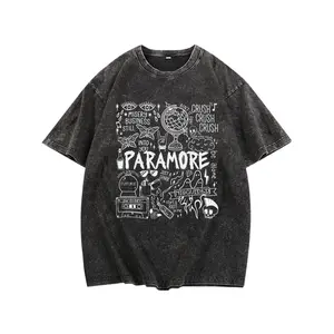 [Vintage Wash] High Quality T-shirt PARAMORE High Quality Cotton Black T-shirt |   Men's Off-shoulder Round Neck Short Sleeves 230g Washed Pattern