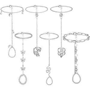 Set of 6 linked rhinestone hand harness chain slave bracelets with rings — everyday jewelry for women