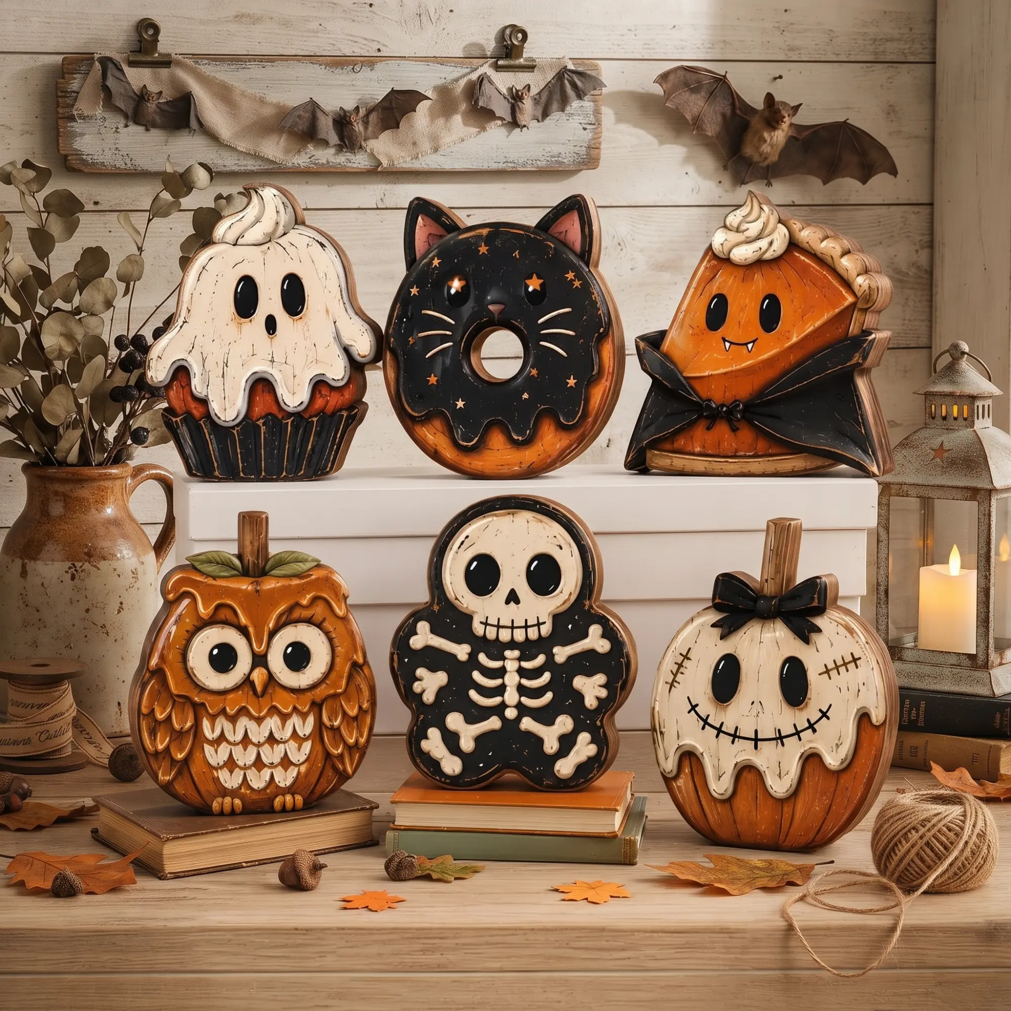 Halloween Wooden Shelf Sitter, Cute Spooky Dessert Decor, Ghost Cupcake Cat Donut Pumpkin Pie Skeleton Cookie, Choose Your Design
