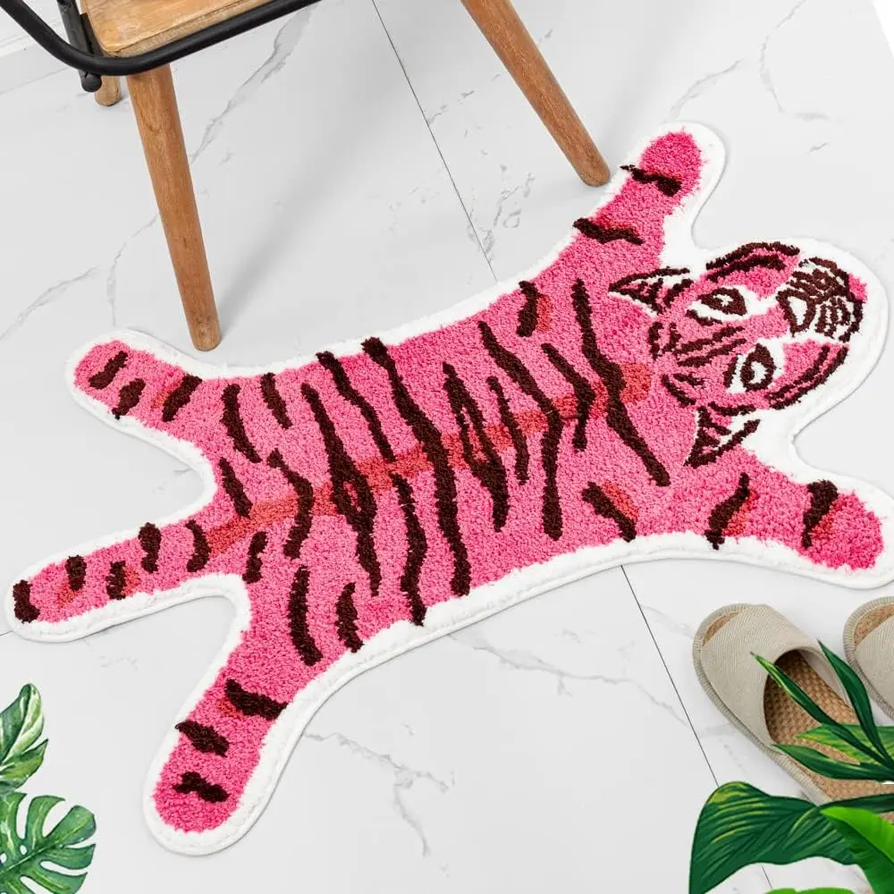 Tiger Shaped Rug Pink Tiger Bathroom Mat Non-Slip Door Mat Animals Printed Area Rug Small Home Decor Mat Playmat for Bathroom & Shower Splash bathroom decor bathroom accessories toilet decorations