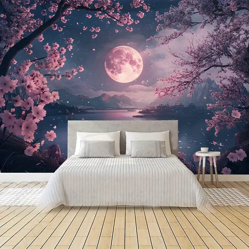 Night Sky Cherry Blossom Polyester Tapestry - Retro Hippie Durable Decorative Wall Art, Vintage Asian Style Peach Fabric, Machine-Washable Graduation Gift for Living Room Wall Decor/Bedrooms