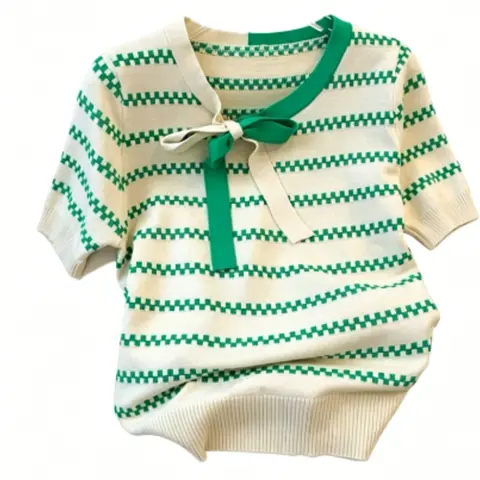 Women's Short Sleeve Striped Knit Sweater, Knitwear, Fashion Casual Loose Knit Summer Top, Versatile Daily Wear, Ladies' Stylish Outerwear