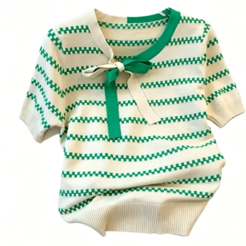 Women's Short Sleeve Striped Knit Sweater, Knitwear, Fashion Casual Loose Knit Summer Top, Versatile Daily Wear, Ladies' Stylish Outerwear