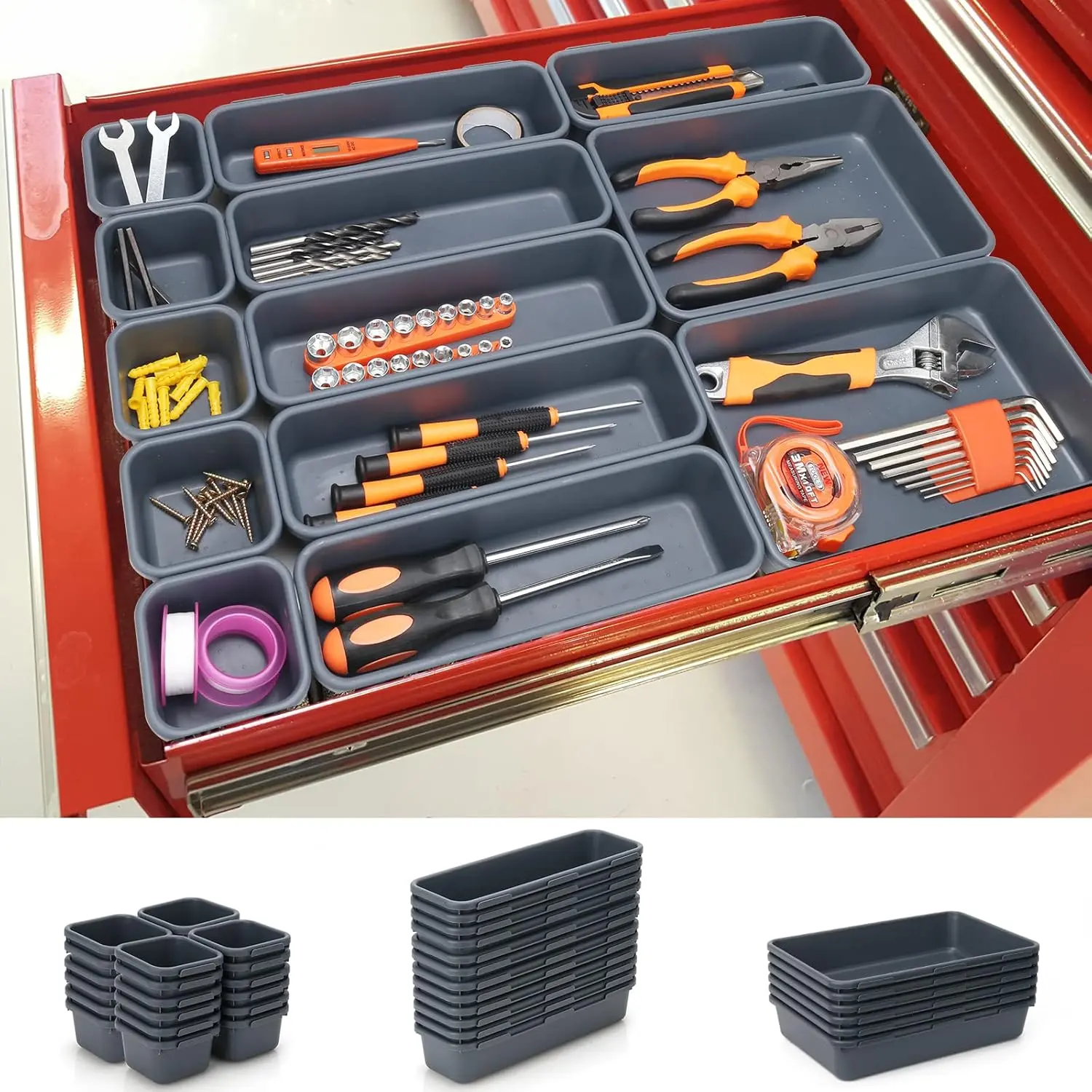 42-Pack Grey Tool Box Organizer Trays with Dividers - Combined to Customized Size for Vanity Makeup, Bathroom Organization Storage, Hardware, Screws, Nuts (3 Different Tool Storage Organizers)
