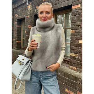 Women’s high-neck warm faux fur vest top, sleeveless button-front design, slim-fit plain style, autumn and winter fashion womenswear