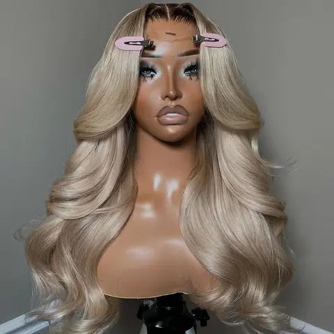 Ombre Ash Blonde Brown Roots Human Hair Wigs 13X6 Body Wave HD Transparent Lace Ombre Blonde Colored Drawstring Pre-Cut Lace Front Wig With Adjusted Strap Glueless Wig 180% Density