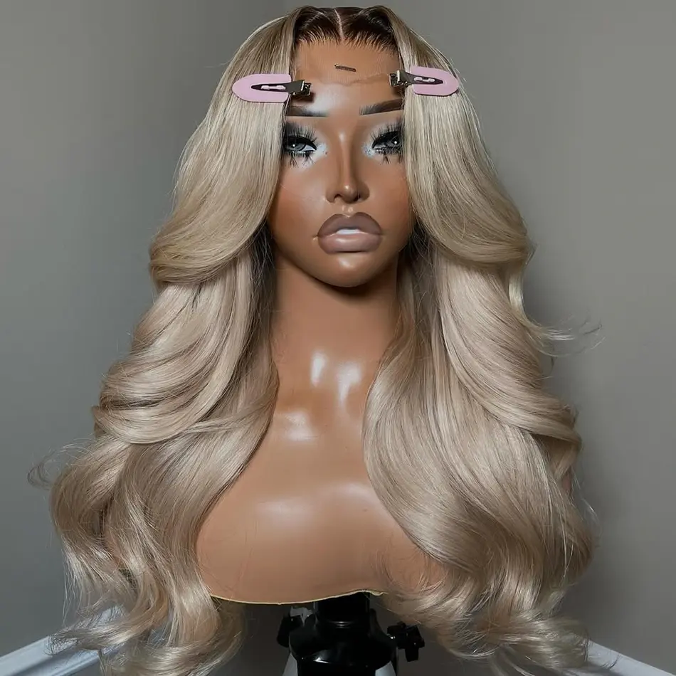 Ombre Ash Blonde Brown Roots Human Hair Wigs 13X6 Body Wave HD Transparent Lace Ombre Blonde Colored Drawstring Pre-Cut Lace Front Wig With Adjusted Strap Glueless Wig 180% Density