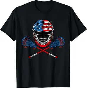 Lacrosse Helmet Lax Sticks American Flag 4th of July Youth Boys T-Shirt Cotton Fabric