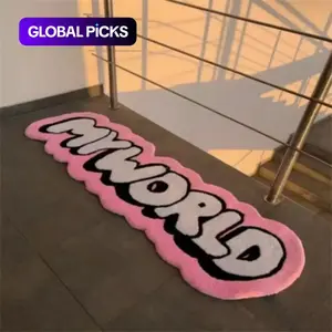 Pink Girly Bedroom Decor Plush Carpet Fluffy Bedroom Rug: Trendy Personalized MY WORLD Letter Runner Rug for Living Room & Bedside, Modern Minimalist Mat for Lounge & Cloakroom, Soft Fluffy Rugs