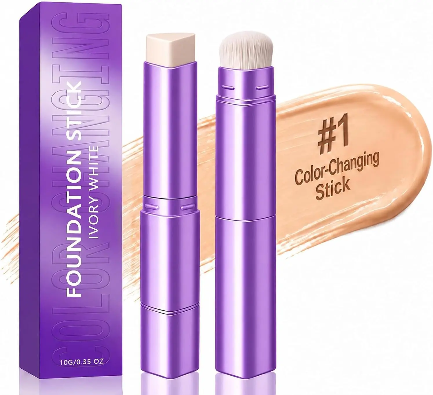 Face 2-in-1 Color Changing Foundation Stick & Brush: Shade-Adapting Korean Makeup, Natural Finish
